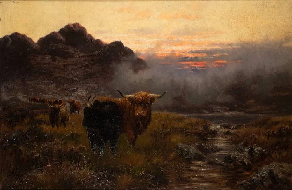Sidney Pike, HIGHLAND BULLS AT SUNSET, 1905, oil on canvas