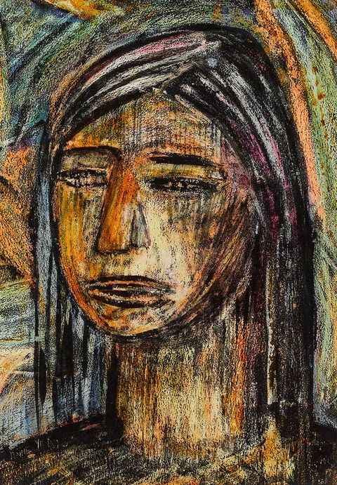 WOMAN UNDER LEAVES by Anne Yeats, pastel and gouache, sold Dec 2022