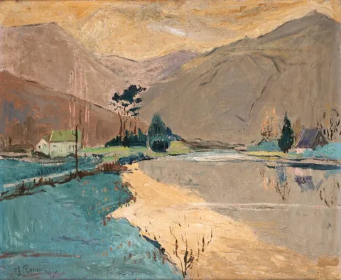 Yann Goulet, LAKE SCENE WITH MOUNTAINS IN THE DISTANCE, 1947, oil on board