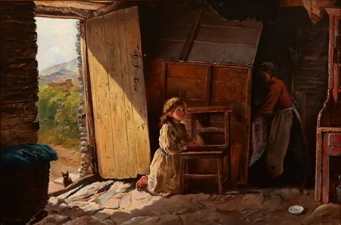 James Brenan, MORNING PRAYER, COTTAGE INTERIOR, COUNTY CORK, 1901, oil on canvas