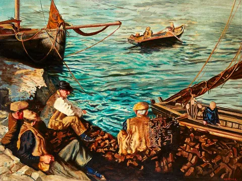 Seán Keating, UNLOADING THE TURF BOAT, ARAN, oil on board