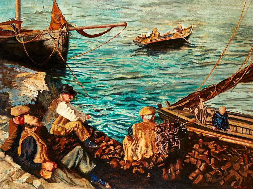 UNLOADING THE TURF BOAT, ARAN by Seán Keating, oil on board, sold Nov 2022