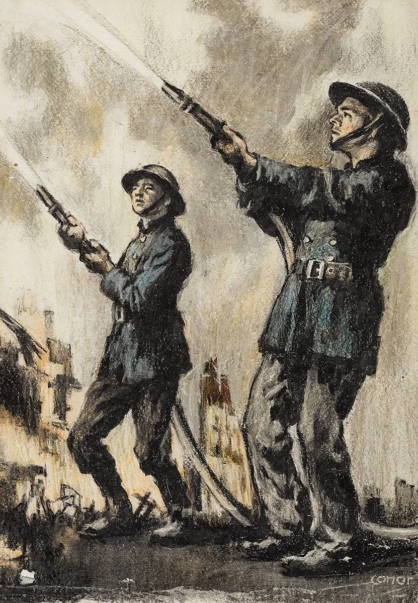 FIREMEN, AFTER THE BLITZ, BELFAST by William Conor, crayon, sold Nov 2022