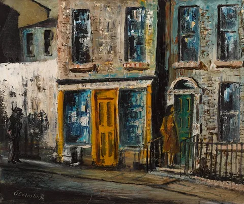 STREET SCENE, DUBLIN by Séamus Ó Colmáin, oil on board, sold Nov 2022