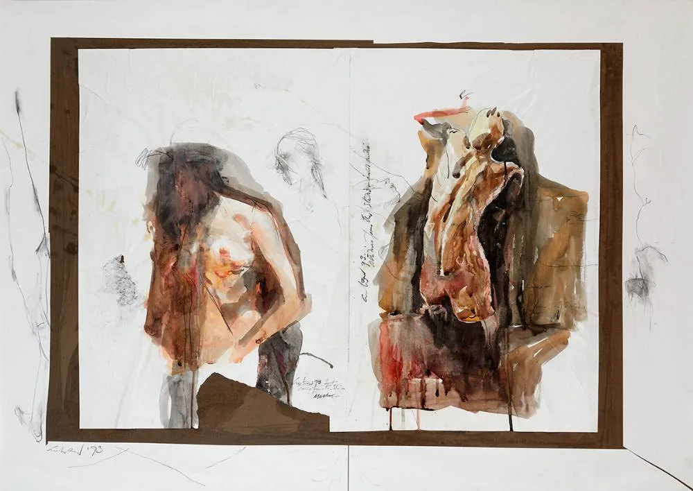 WORK FROM THE STUDIO by Patrick Graham, 1993, watercolour, pencil, charcoal and collage element, sold Nov 2022