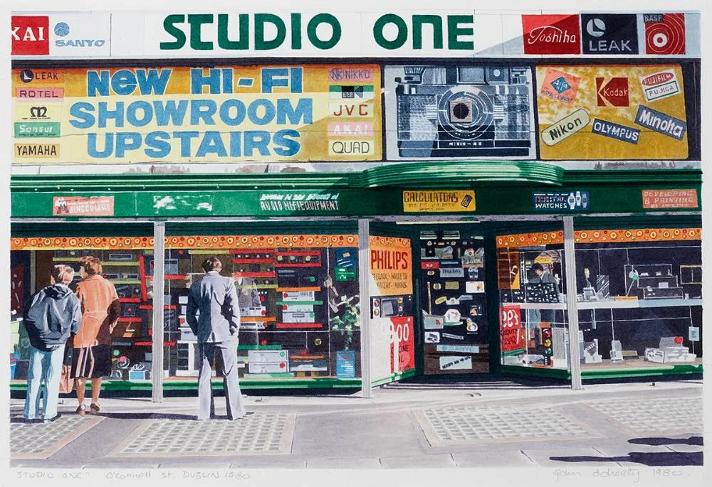 STUDIO ONE, O'CONNELL ST., DUBLIN by John Doherty, 1980, acrylic wash on Arches paper, sold Nov 2022