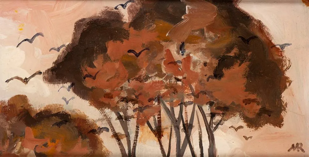 THE ROOKERY by Markey Robinson, oil on board, offered Oct 2022
