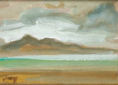 COASTAL SCENE by Markey Robinson, watercolour on tinted card, sold Oct 2022