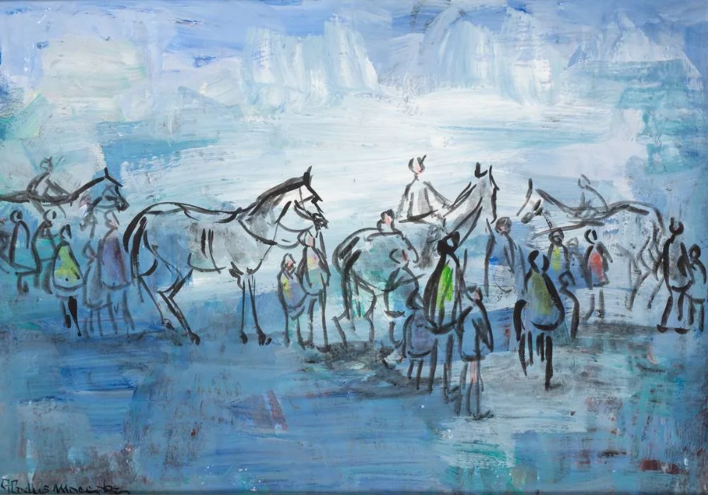 AT THE RACES by Gladys Maccabe, gouache, sold Oct 2022