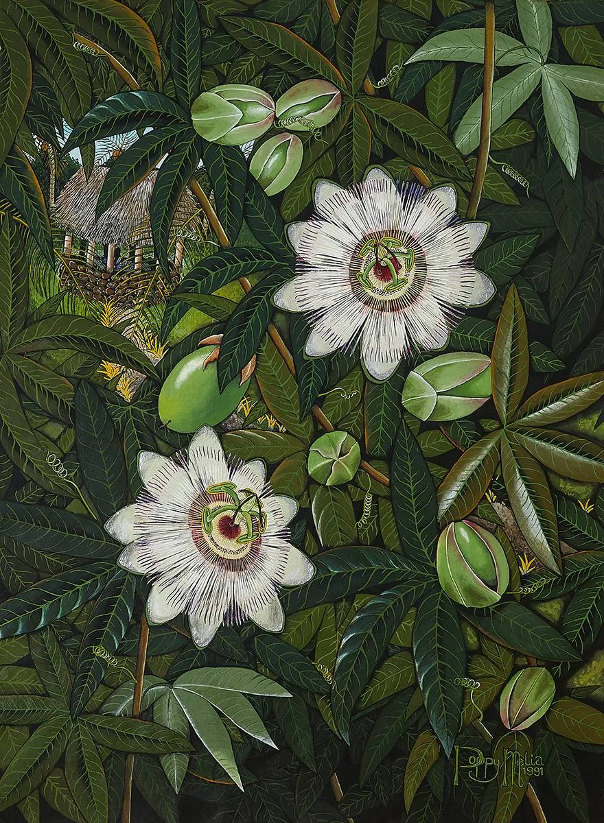 FALE AND PASSION FRUIT by Poppy Melia, 1991, gouache, sold Oct 2022