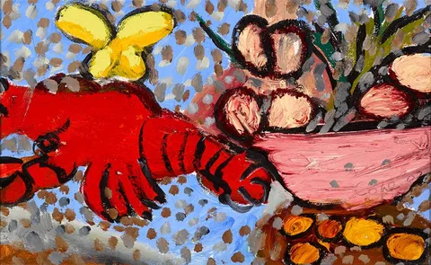 STILL LIFE WITH LOBSTER by Elizabeth Cope, 2002, oil on canvas, sold Oct 2022