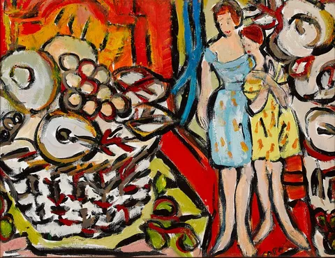 FRUIT BASKET AND TWO LADIES by Elizabeth Cope, oil on canvas, sold Oct 2022