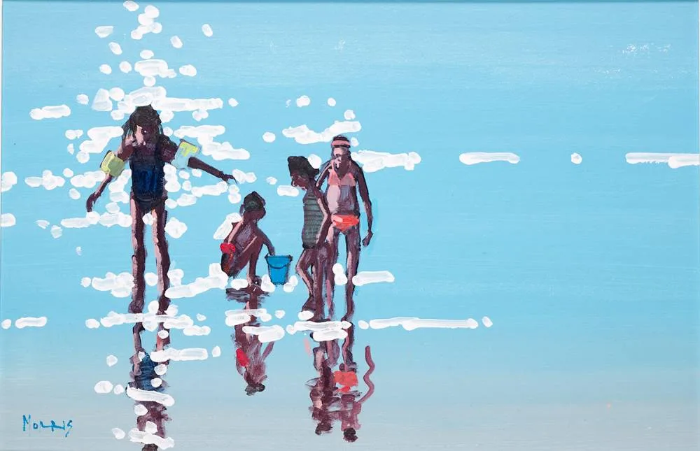 PLAYING IN THE SHALLOW WATER by John Morris, oil on board, sold Oct 2022
