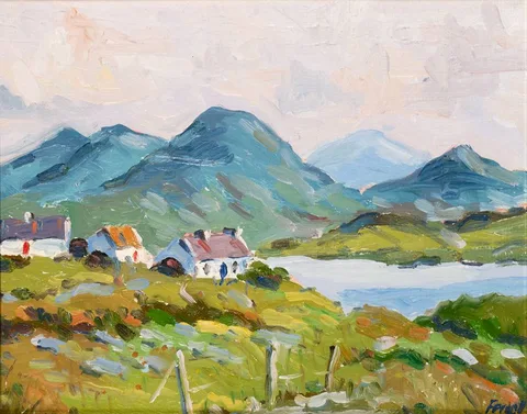 Fergal Flanagan, LAKESIDE COTTAGES, WEST OF IRELAND, oil on board