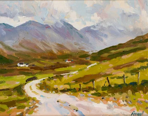 Fergal Flanagan, LANDSCAPE WITH MOUNTAINS AND COTTAGES IN THE DISTANCE, oil on board