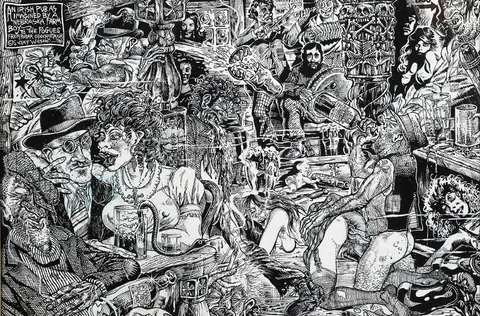 S. Clay Wilson, AN IRISH PUB AS IMAGINED BY A NEBRASKA FARM BOY TO THE POGUES, FROM PEADER O'DOCHARTAIGH, 1987, ink and gouache