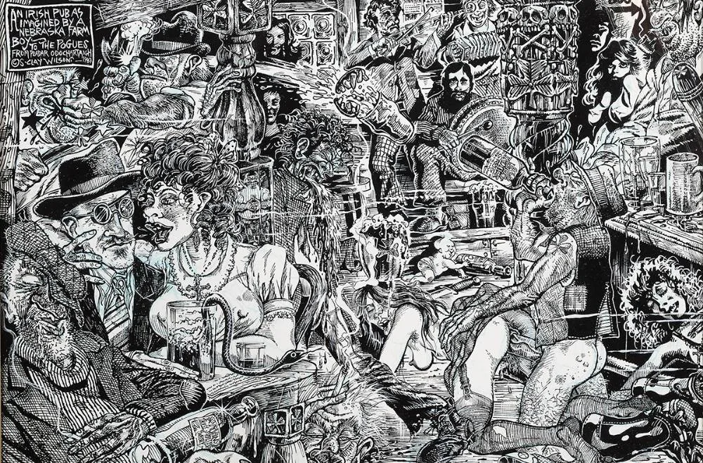 S. Clay Wilson, AN IRISH PUB AS IMAGINED BY A NEBRASKA FARM BOY TO THE POGUES, FROM PEADER O'DOCHARTAIGH, 1987, ink and gouache