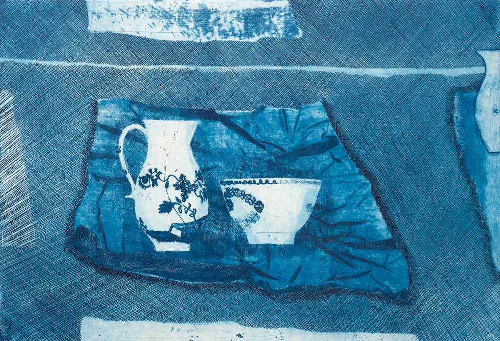 STILL LIFE IN BLUE by Patrick Hickey, etching; (no. 23 from an edition of 75), sold Oct 2022