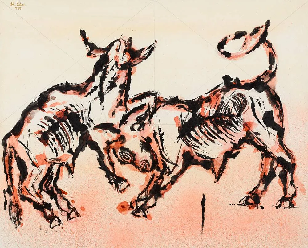 FIGHTING BULLS by John Behan, 1975, ink, pencil and watercolour, sold Oct 2022