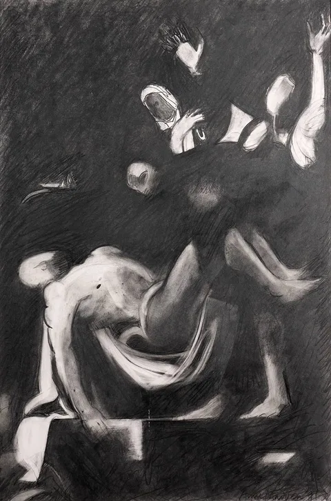 Anne Madden, DEPOSITION OF CHRIST, BY CARAVAGGIO, VATICAN, ROME, 1991, graphite on paper