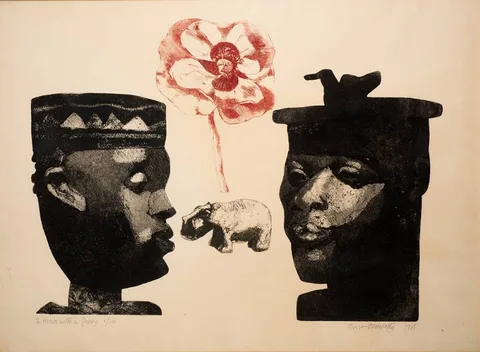 Alice Hanratty, TWO HEADS WITH A POPPY, 1985, etching in colours; (no. 1 from an edition of 10)
