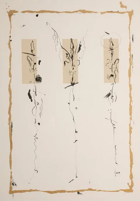 Dorothy Cross, MAN, ANGEL, ICON, 1980, ink, watercolour and gold-leaf