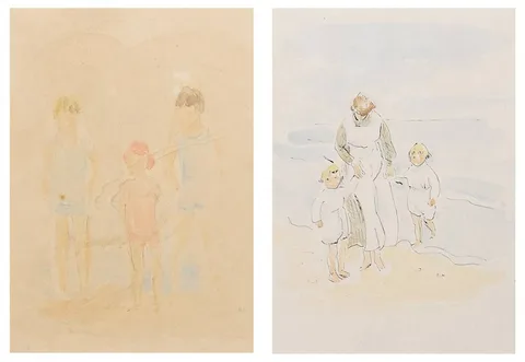 MOTHER AND TWO CHILDREN ON A BEACH and THREE CHILDREN ON A BEACH (A PAIR) by Melanie Le Brocquy, watercolour; (2); (framed together), offered Oct 2022