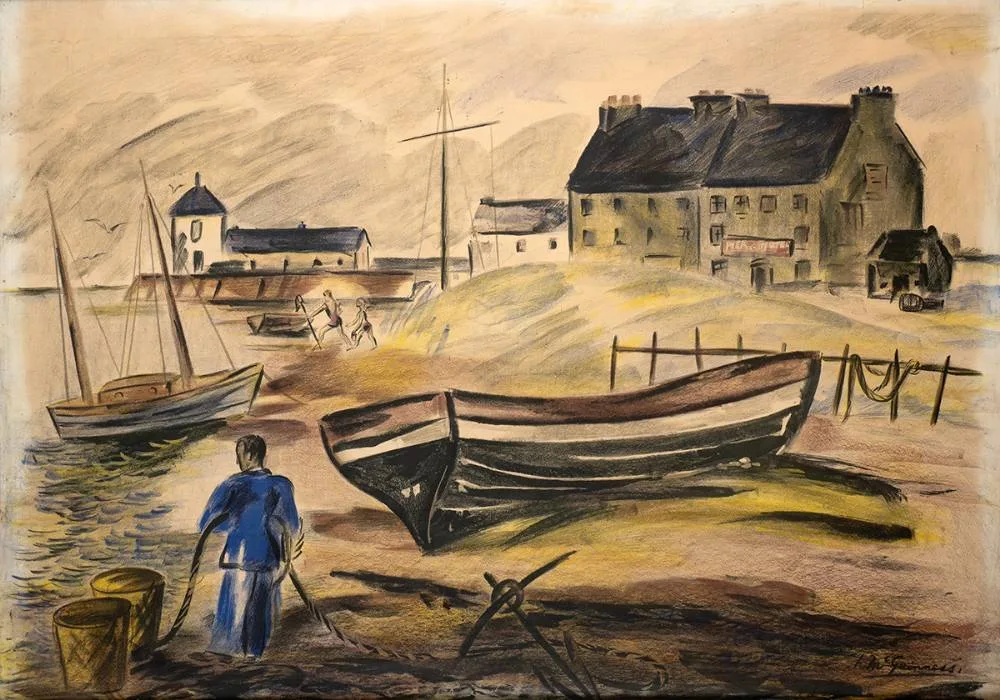 FISHERMAN'S BEACH by Norah McGuinness, 1937, colour lithograph, sold Oct 2022