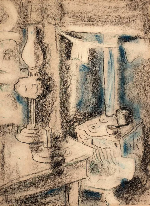 INTERIOR SCENE by Arthur Armstrong, pastel, offered Oct 2022
