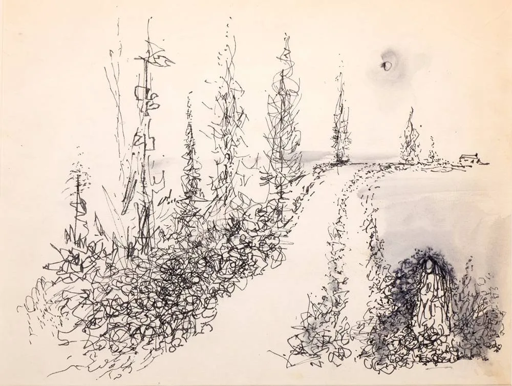 WINDING ROAD AND TREES by Daniel O'Neill, ink, sold Oct 2022