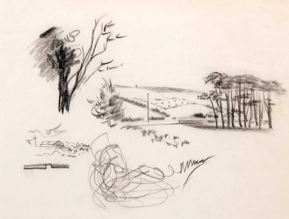 TREES, HILLS AND COTTAGES by Daniel O'Neill, charcoal, sold Oct 2022