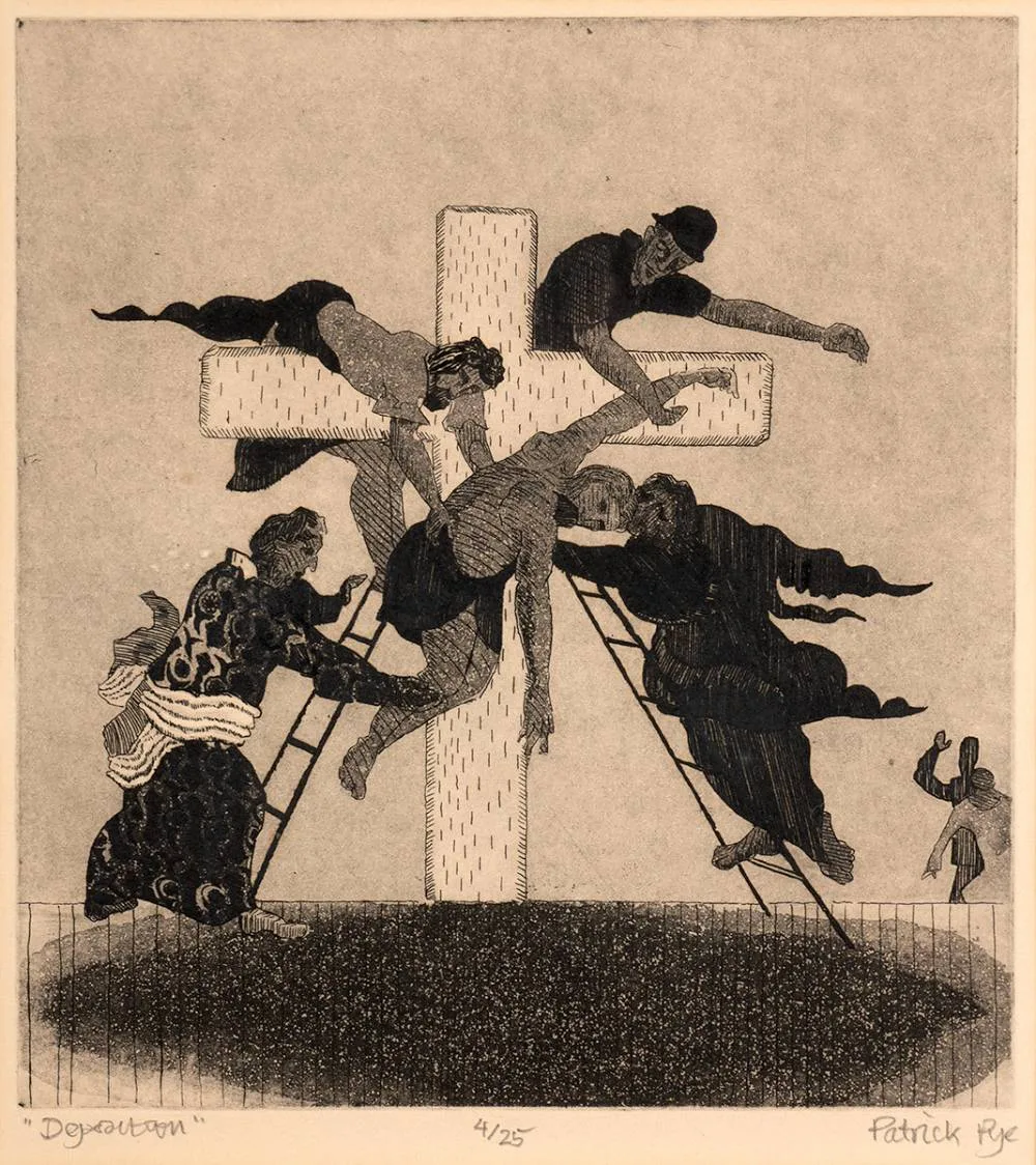 DEPOSITION by Patrick Pye, etching; (no. 4 from an edition of 25), sold Oct 2022