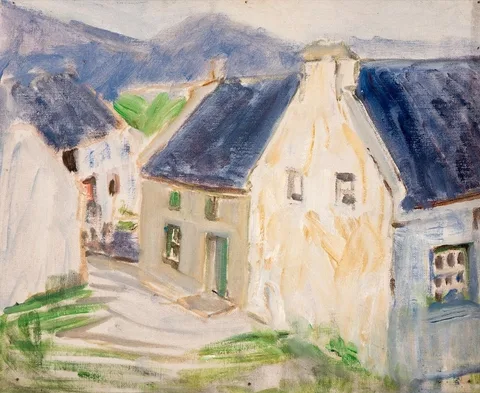 VILLAGE SCENE by Estella Solomons, oil on board, offered Oct 2022
