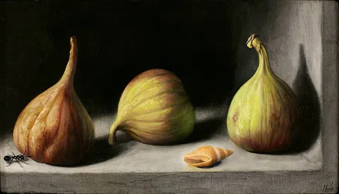 Stuart Morle, STILL LIFE WITH THREE FIGS, A SEA SHELL AND AN ANT, 2022, oil on copper