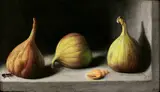 Stuart Morle, STILL LIFE WITH THREE FIGS, A SEA SHELL AND AN ANT
