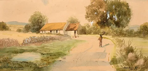 AN IRISH COTTAGE, COUNTY ANTRIM by Rowland Hill, 1936, watercolour heightened with white, sold Oct 2022
