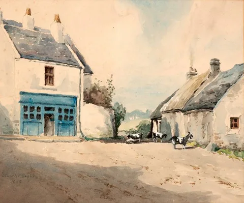 Lancelot Bayly, GOATS IN A RURAL VILLAGE, 1948, watercolour