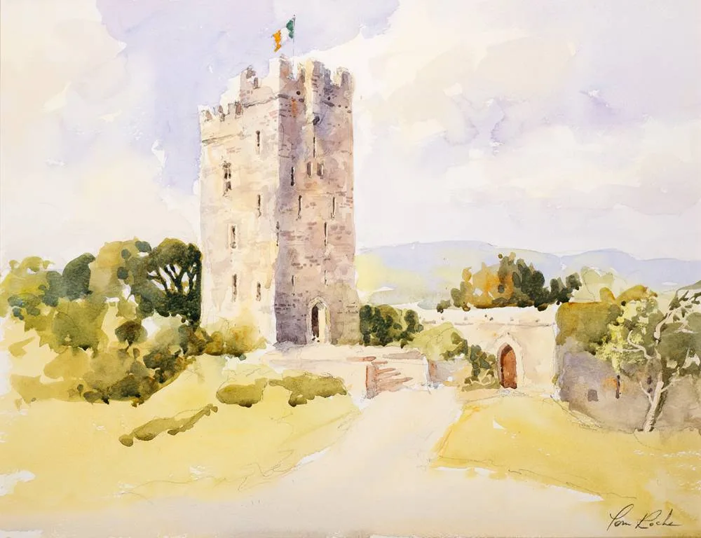 DYSERT O'DEA CASTLE, COROFIN, COUNTY CLARE by Tom Roche, watercolour, sold Oct 2022