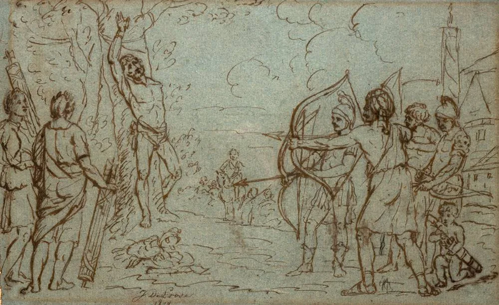 J. De Loose, MARTYRDOM OF SAINT SEBASTIAN, 1878, ink on tinted paper