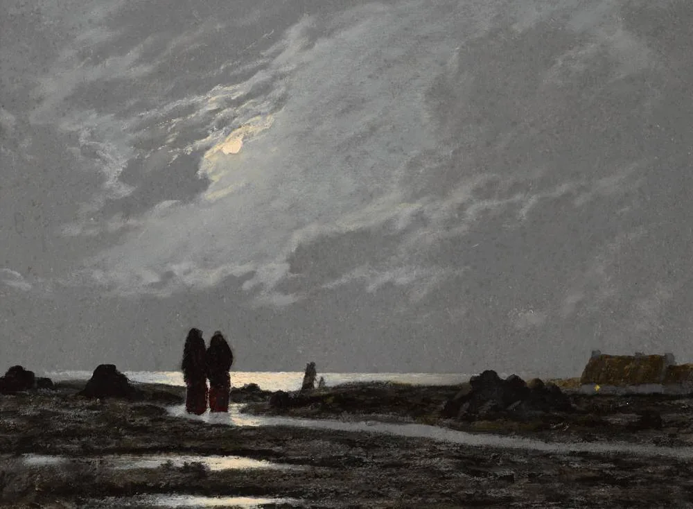 RETURNING FROM EVENING DEVOTIONS by Ciaran Clear, oil on board, sold Sep 2022