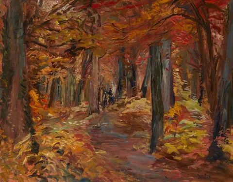 AUTUMN GLOW IN ARUNDEL WOODS by Ronald Ossory Dunlop, oil on canvas, sold Sep 2022