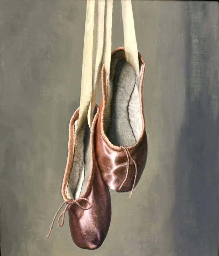 HANGING POINTE SHOES by Stuart Morle, 2021, oil on copper, sold Sep 2022