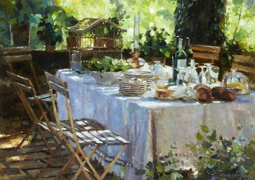 SUMMER BANQUET by Mark O'Neill, 2001, oil on board, sold Sep 2022