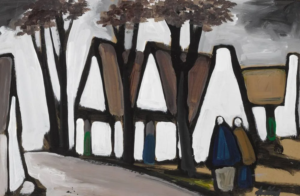 FIGURES WITH COTTAGES by Markey Robinson, gouache, sold Sep 2022
