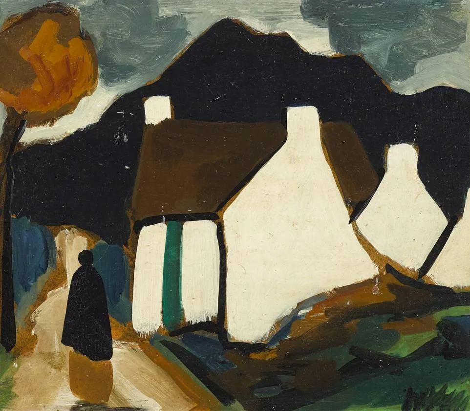 SHAWLIE AND COTTAGES by Markey Robinson, oil on board, sold Sep 2022