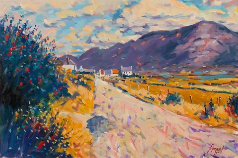 Fergal Flanagan, UNDER MOUNT BRANDON, DINGLE PENINSULA, COUNTY KERRY, oil on board
