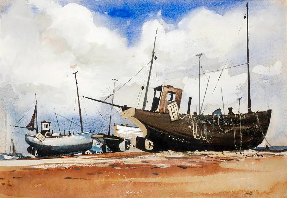 HIGH AND DRY by Kenneth Webb, gouache, sold Jul 2022