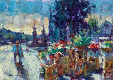 Norman Teeling, FLOWER SELLERS, HAROLD'S CROSS, DUBLIN, oil on board