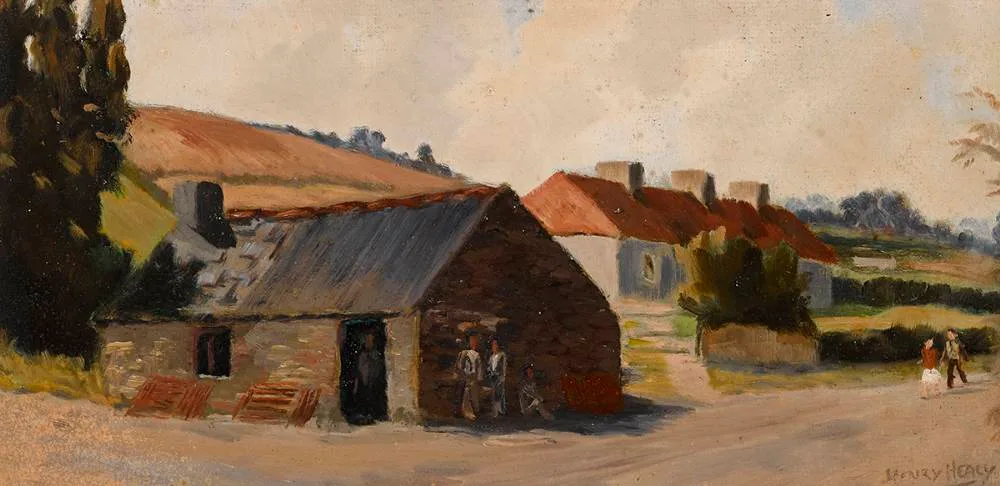 COTTAGES by Henry Healy, oil on board, sold Jul 2022