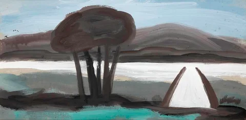 Markey Robinson, COASTAL SCENE WITH COTTAGE AND TREES, gouache